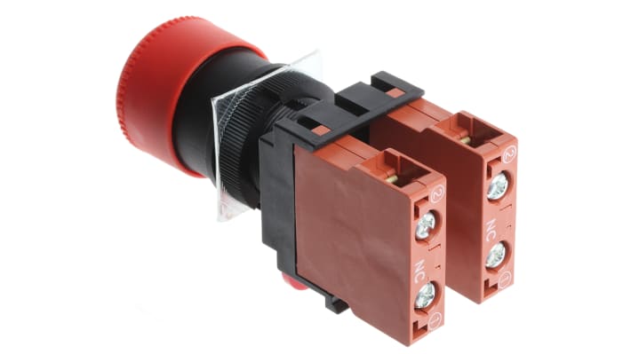 Pulsante di arresto di emergenza Omron A22E-S-02, montaggio a pannello, diametro foro 22mm, 2NC, IP65, 440V, 10A.