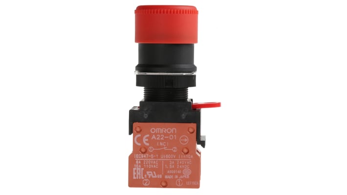 Pulsante di arresto di emergenza Omron A22E-S-02, montaggio a pannello, diametro foro 22mm, 2NC, IP65, 440V, 10A.