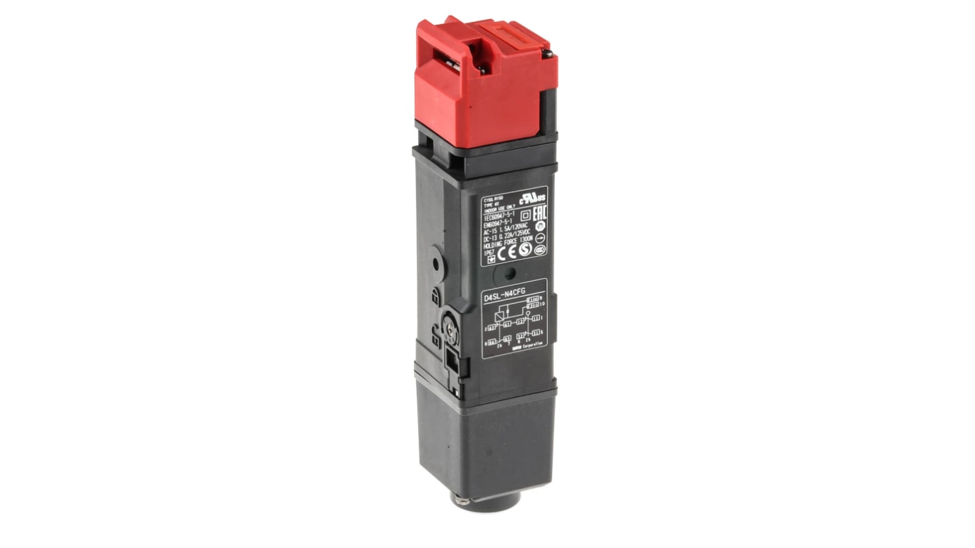 Interruttore di interblocco a solenoide Omron D4SL-N4CFG, 24V cc, 6 contatti, grado di protezione IP67, dimensioni 179.5x39x39 mm.