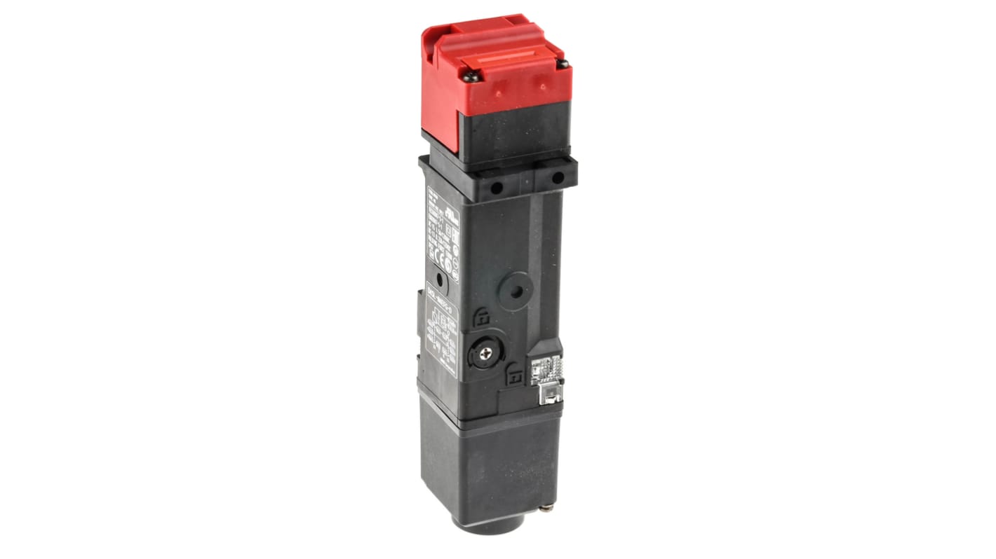 Interruttore di interblocco a solenoide Omron D4SL-N4EFG-D, 24V cc, IP67, contatti 1NA/1NC, dimensioni 179.5x39x39mm.
