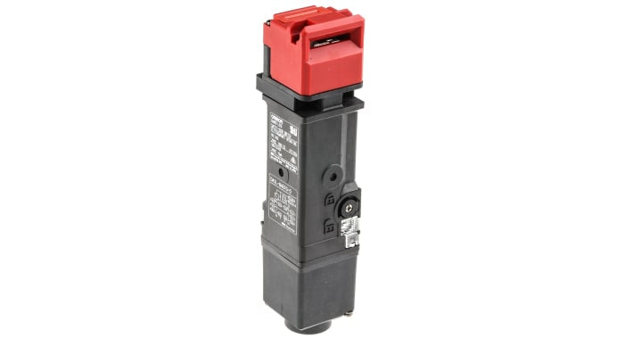 Interruttore di interblocco a solenoide Omron D4SL-N4EFG-D, 24V cc, IP67, contatti 1NA/1NC, dimensioni 179.5x39x39mm.