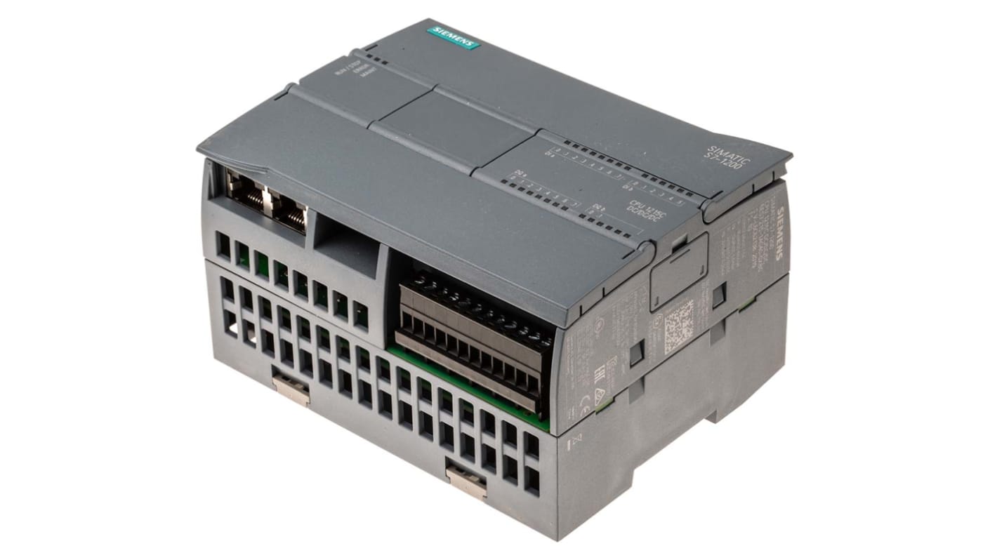 CPU PLC Siemens SIMATIC S7-1200 (6ES7215-1AG40-0XB0) con 14 ingressi digitali e 10 uscite. Memoria 4MB, supporto PROFINET e PID integrato.