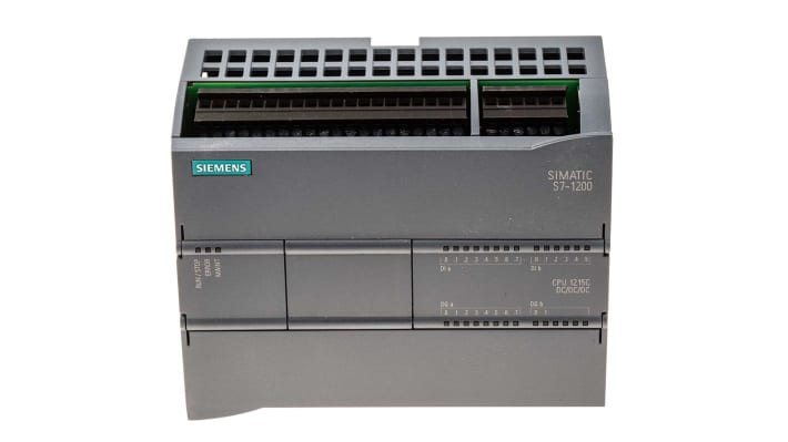 CPU PLC Siemens SIMATIC S7-1200 (6ES7215-1AG40-0XB0) con 14 ingressi digitali e 10 uscite. Memoria 4MB, supporto PROFINET e PID integrato.