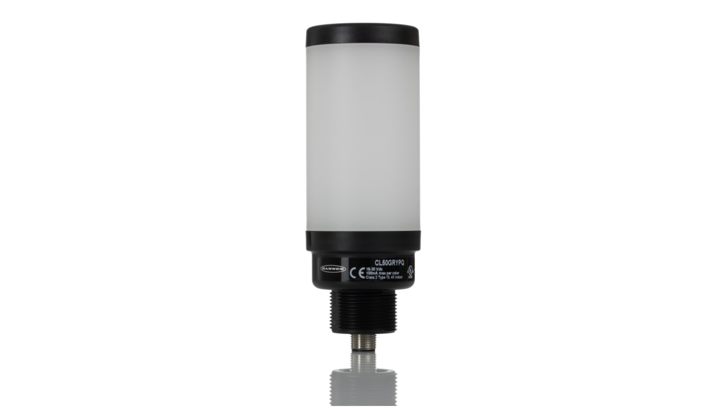 Torretta di segnalazione LED Banner CL50GRYPQ, 3 elementi Rosso/Verde/Giallo, IP67, altezza 114.2 mm, montaggio versatile.