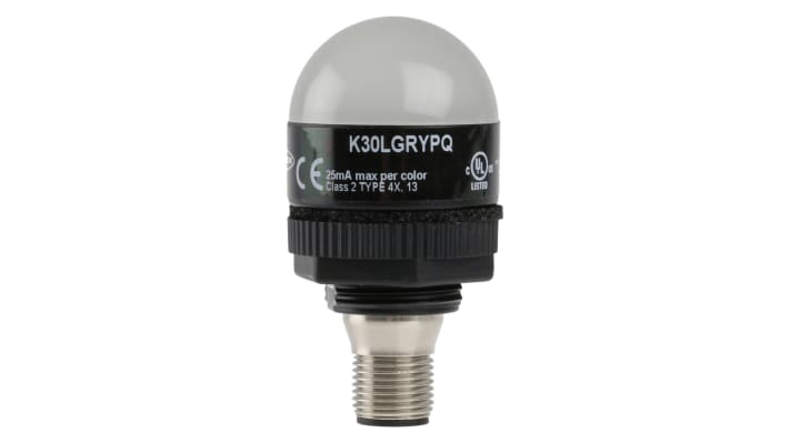 Segnalatore LED Banner K30LGRYPQ, alimentazione 10-30 V c.c., colori verde, rosso, giallo, montaggio su base di 30 mm, altezza 58 mm, grado di protezione IP67/IP69.