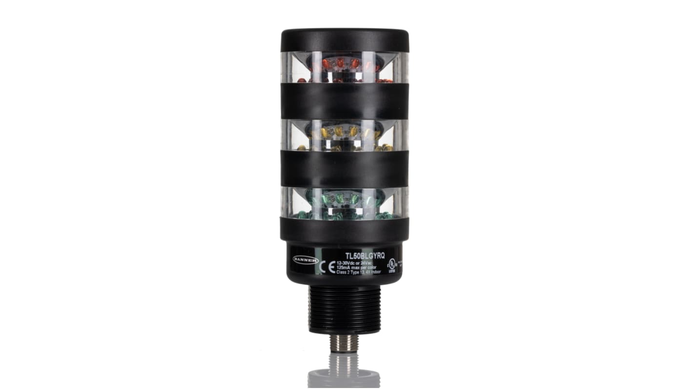 Torretta di segnalazione LED Banner TL50BLGYRQ, 3 elementi Rosso/Verde/Giallo, montaggio su base, IP67, 12-30 V c.c.