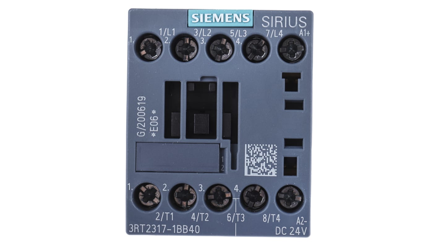 Contattore Siemens 3RT2317-1BB40, 4 poli, 12 A, bobina 24 V c.c., dimensioni 45x57.5x73 mm, grado di protezione IP20.
