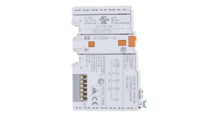 Wago 750-461/003-000, modulo I/O analogico per guida DIN, 2 ingressi Pt100, dimensioni 64 x 12 x 100 mm, grado di protezione IP20.