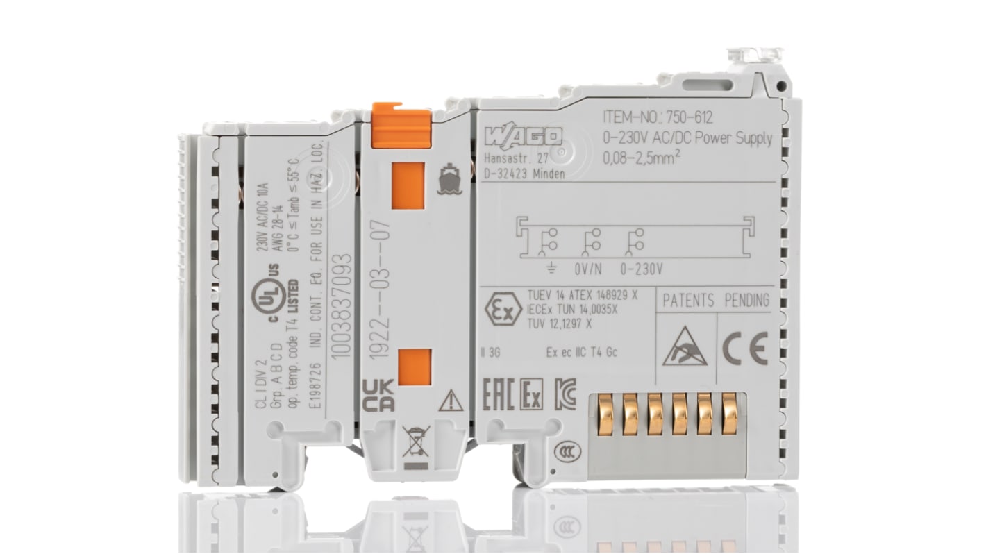 Alimentatore PLC Wago 750612, 230 V, 10 A, montaggio su guida DIN 35 mm, dimensioni 100 x 12 x 69,8 mm, grado di protezione IP20.