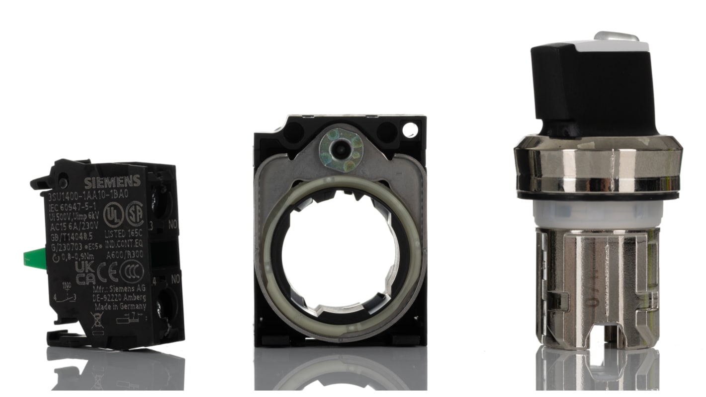 Selettore a 2 posizioni Siemens 3SU1150-2BF60-1BA0, corrente 10 A, angolo 90°, grado di protezione IP20, dimensioni 40x30,9 mm.