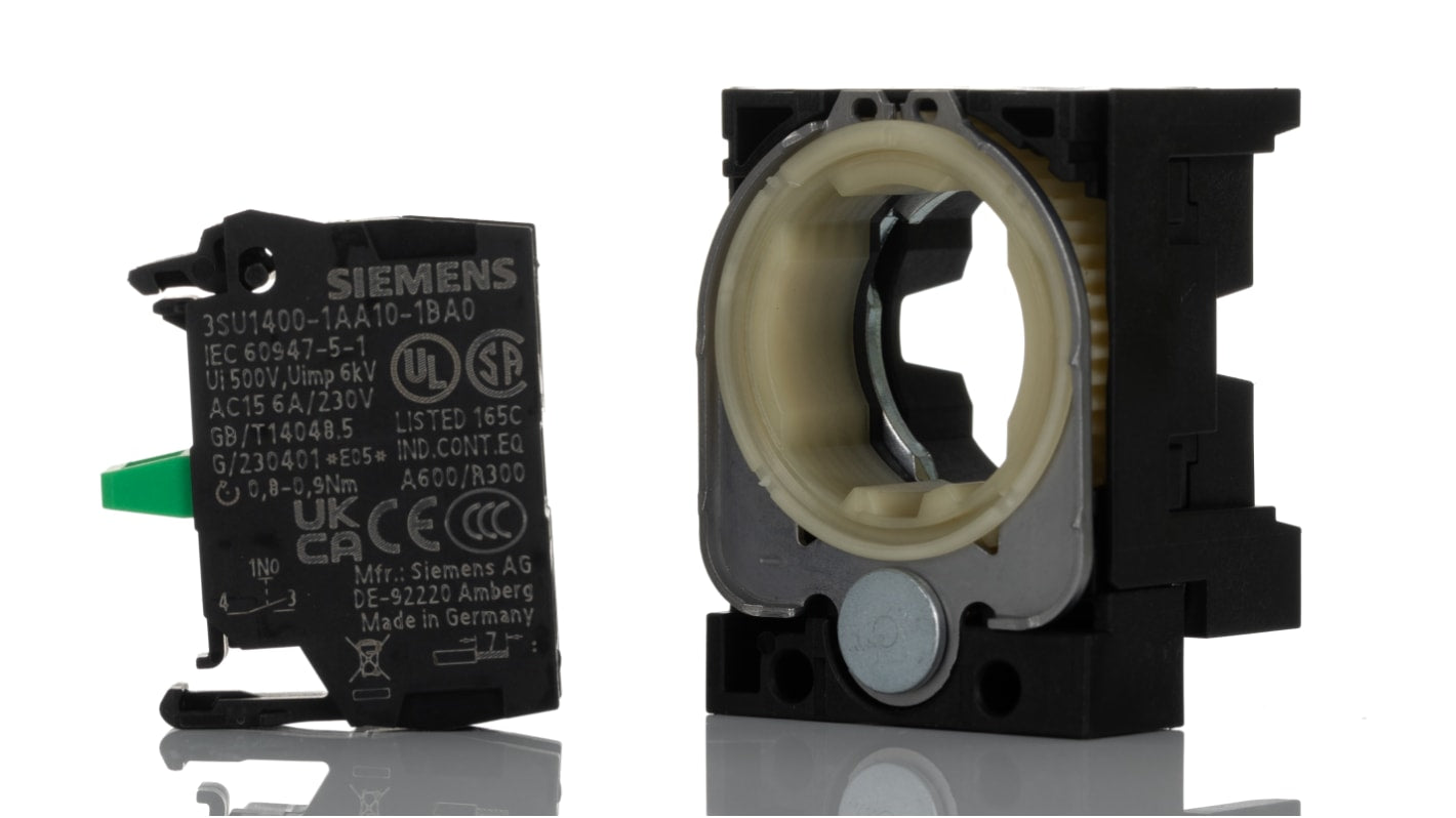 Blocco contatti Siemens 3SU1500-1AA10-1BA0, tensione 5-500V, corrente 6A, montaggio su piastra frontale, grado di protezione IP20.