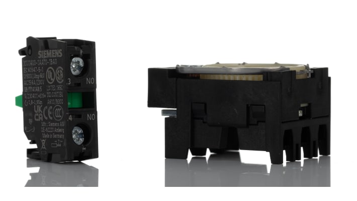 Blocco contatti Siemens 3SU1500-1AA10-1BA0, tensione 5-500V, corrente 6A, montaggio su piastra frontale, grado di protezione IP20.