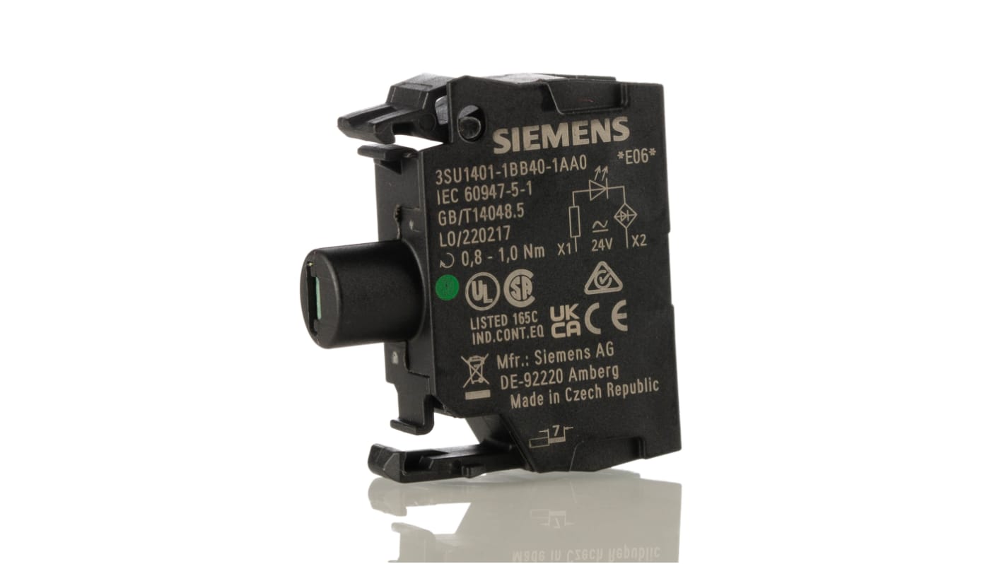 Blocco luminoso LED verde Siemens 3SU1401-1BB40-1AA0, 24V ca/cc, 20mA - Indicatore stato processi attivati, installazione facile con terminali a vite. Resiste a picchi elettrici.