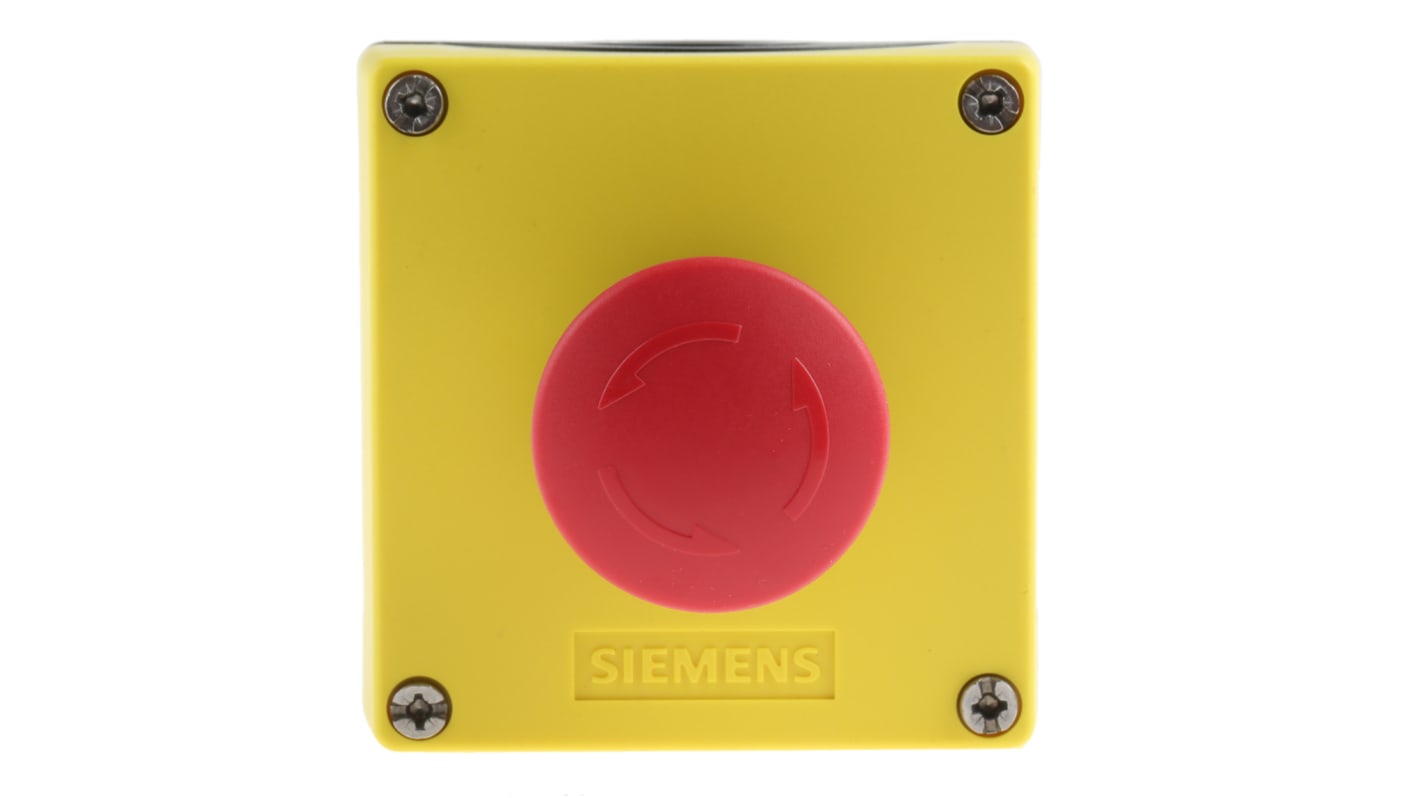 Pulsante di arresto di emergenza Siemens, montaggio superficiale, forma a fungo, colore rosso e giallo, dimensioni 85 x 85 x 64 mm.