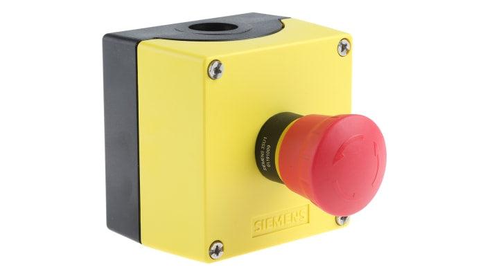 Pulsante di arresto di emergenza Siemens, montaggio superficiale, forma a fungo, colore rosso e giallo, dimensioni 85 x 85 x 64 mm.