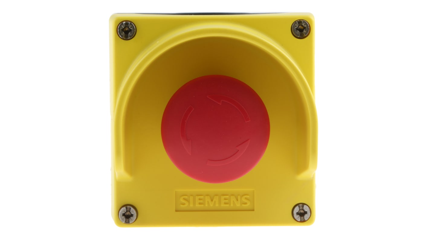 Pulsante di arresto di emergenza Siemens, montaggio superficiale, rosso, IP67/IP69K, dimensioni 85 x 85 mm, attuazione a pulsante.