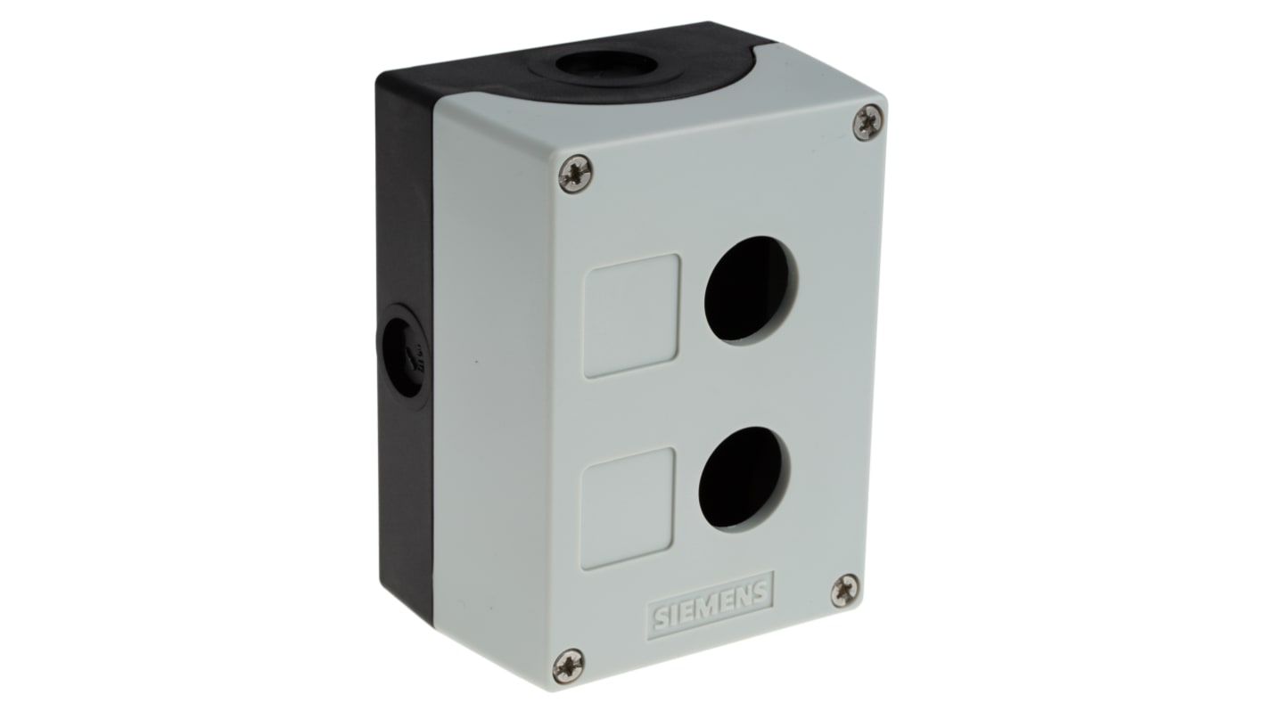 Scatola per pulsante Siemens, grigia, IP66/IP67/IP69K, dimensioni 85x114x64mm, compatibile con Sirius ACT, 2 fori da 22mm.