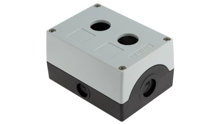 Scatola per pulsante Siemens, grigia, IP66/IP67/IP69K, dimensioni 85x114x64mm, compatibile con Sirius ACT, 2 fori da 22mm.
