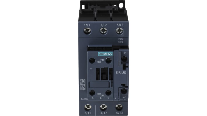Contattore Siemens 3RT2036-1AP00, 3 poli 50A 22kW 230V c.a. per affidabile commutazione motori industriali. Resistente, facile montaggio su guida DIN.