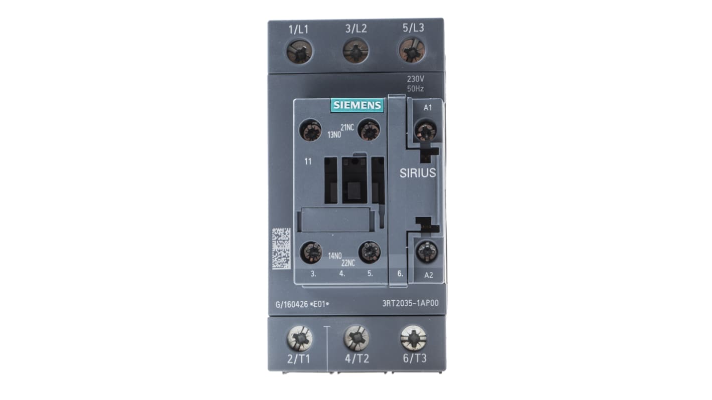 Contattore Siemens 3RT2035-1AP00: 3 poli, 40A, 18,5 kW, 230V c.a. per controllo sicuro motori industriali. Adatto a condizioni estreme.