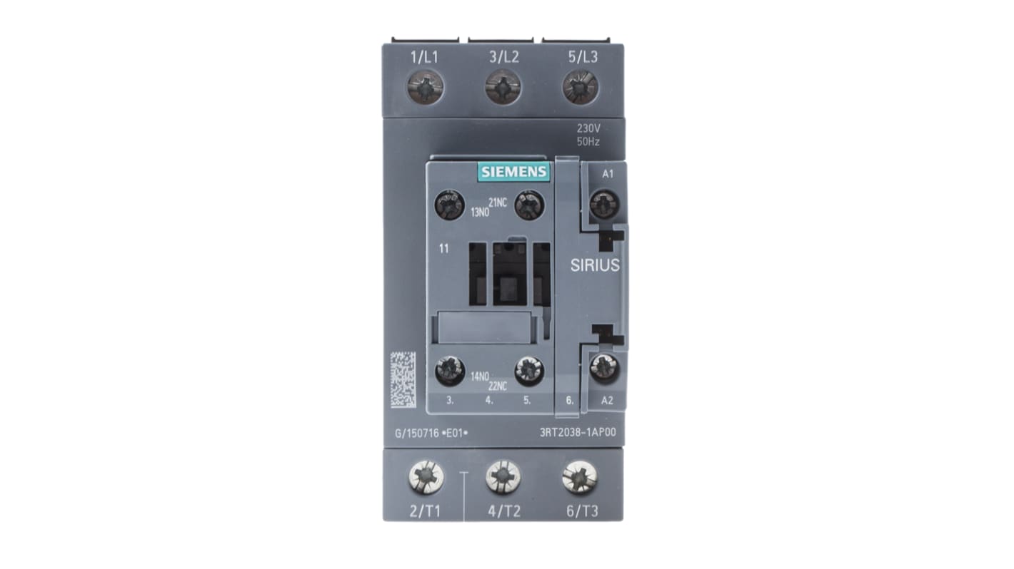 Contattore Siemens 3RT2038-1AP00, 3 poli 80A 37kW resistente sovratensioni 6kV, installazione su guida DIN. Ideale per carichi pesanti.