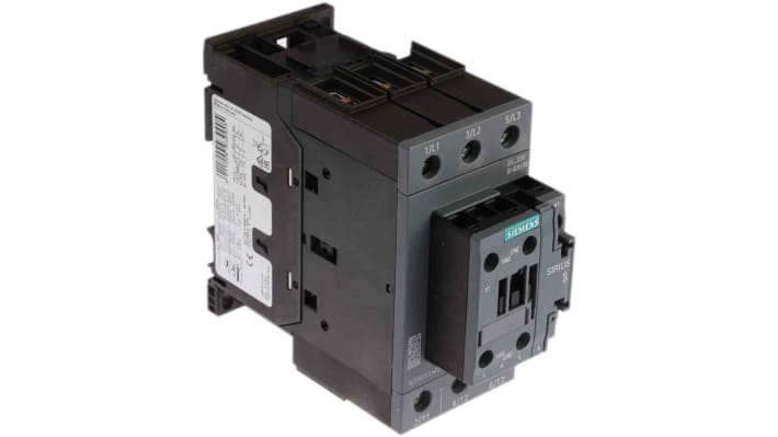 Contattore Siemens 3RT2036-1NB30, 3 poli, 50 A, tensione bobina 24 V, montaggio su guida DIN, dimensioni 113.4 x 55 x 130 mm.