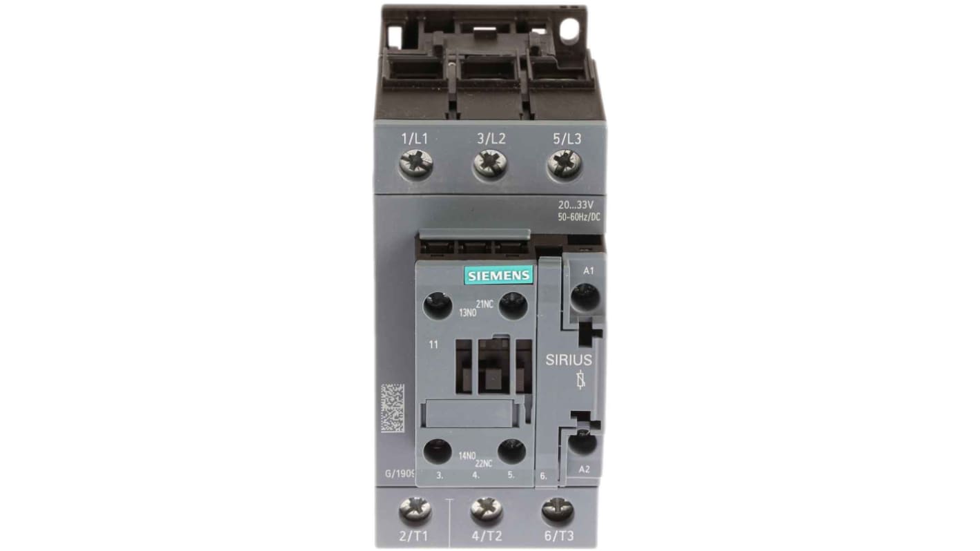 Contattore Siemens 3RT2038-1NB30, 3 poli, 80 A, montaggio su guida DIN, dimensioni 55 x 113,4 x 130 mm.