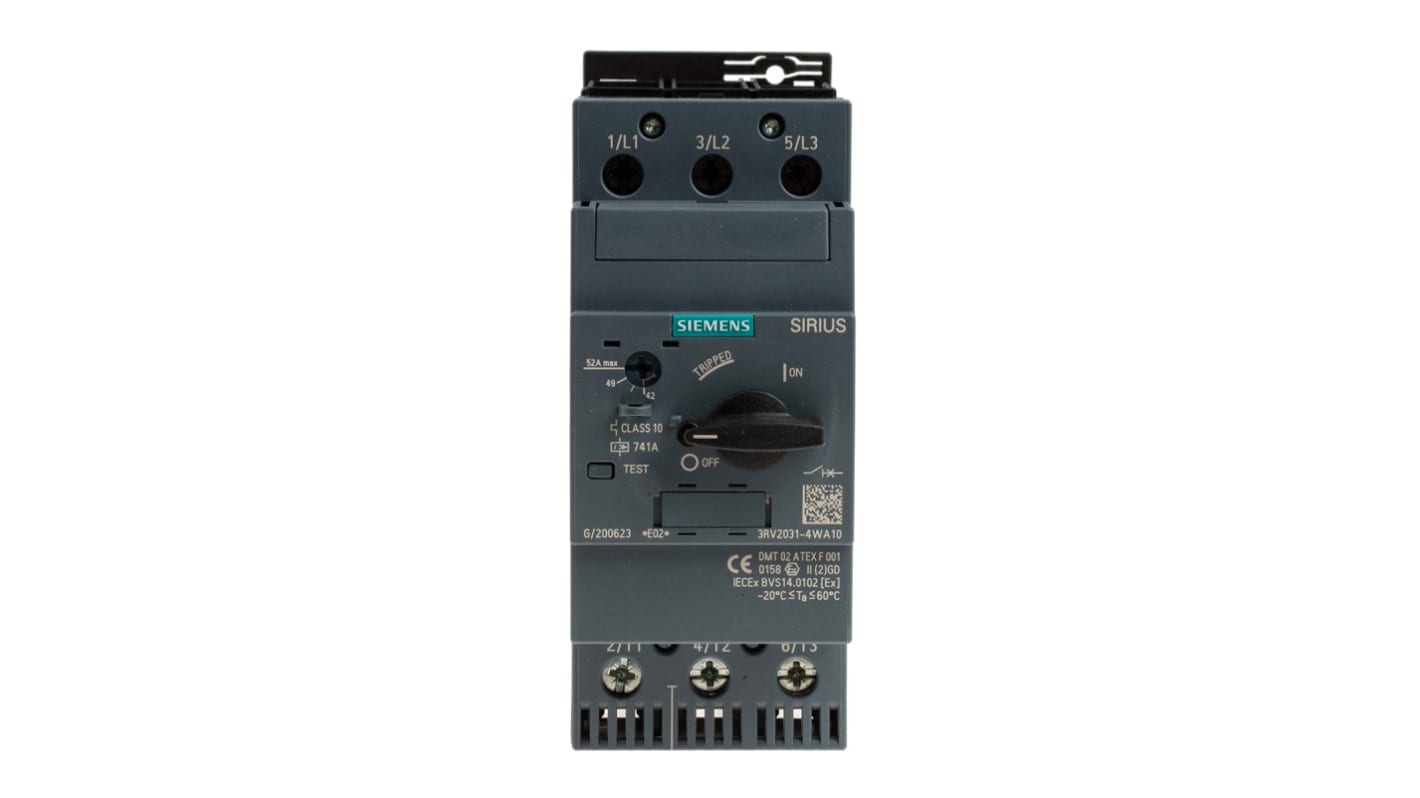 Interruttore automatico Siemens 3RV2031-4WA10, protezione motore 42-52 A, montaggio a vite, dimensioni 140x55x149 mm.