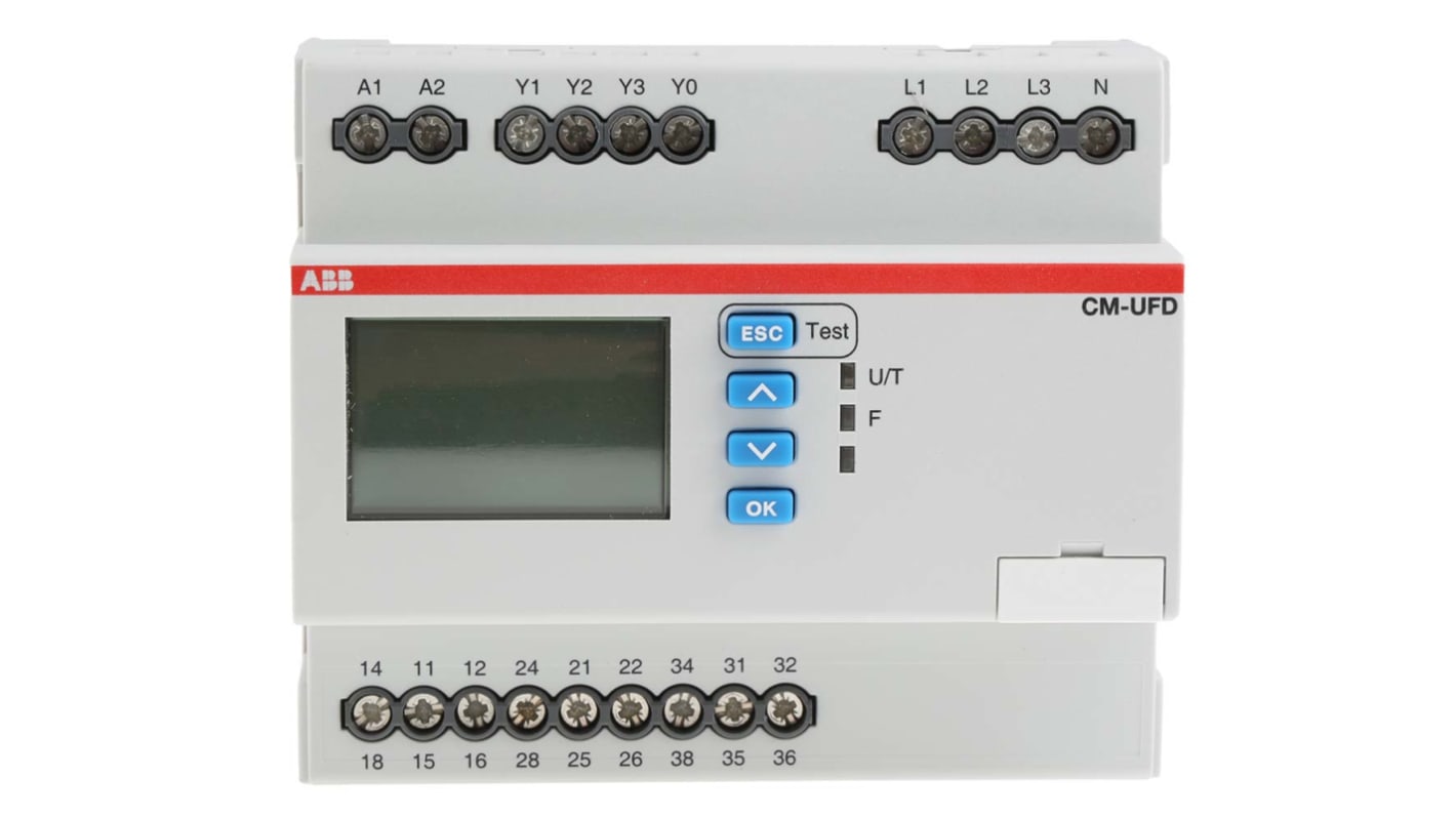 Relè di monitoraggio ABB CM-UFD, 3 contatti SPDT, montaggio su guida DIN, dimensioni 108 x 67 x 90 mm, grado di protezione IP20.