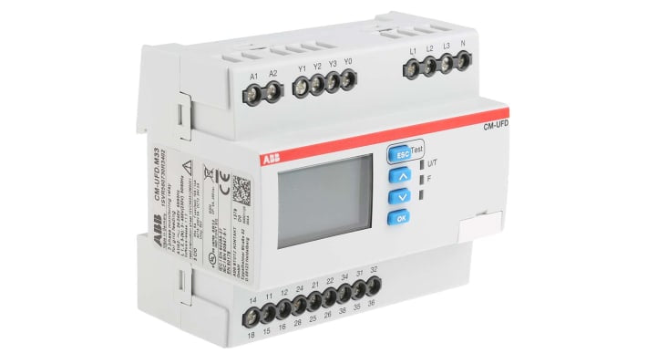 Relè di monitoraggio ABB CM-UFD, 3 contatti SPDT, montaggio su guida DIN, dimensioni 108 x 67 x 90 mm, grado di protezione IP20.