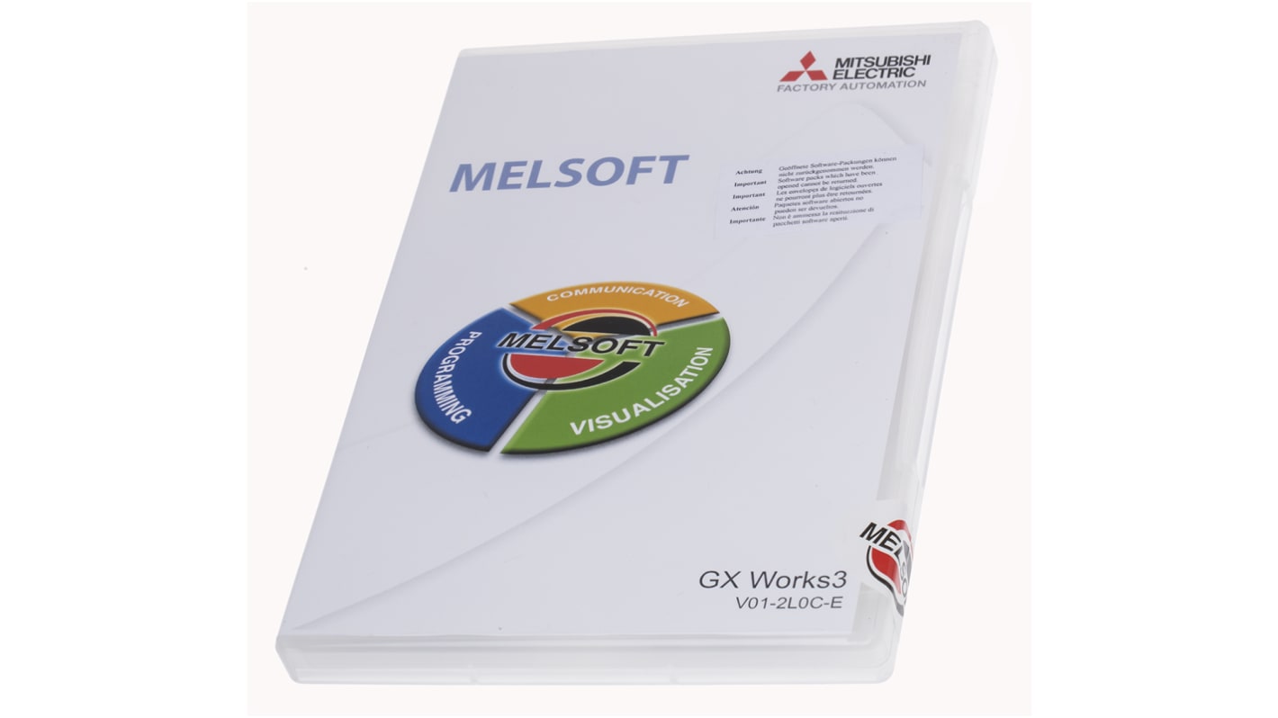 Mitsubishi Electric GX Works3 V01-2L0C-E, software PLC per MELSEC iQ-F, con progettazione grafica e simulazione integrata.