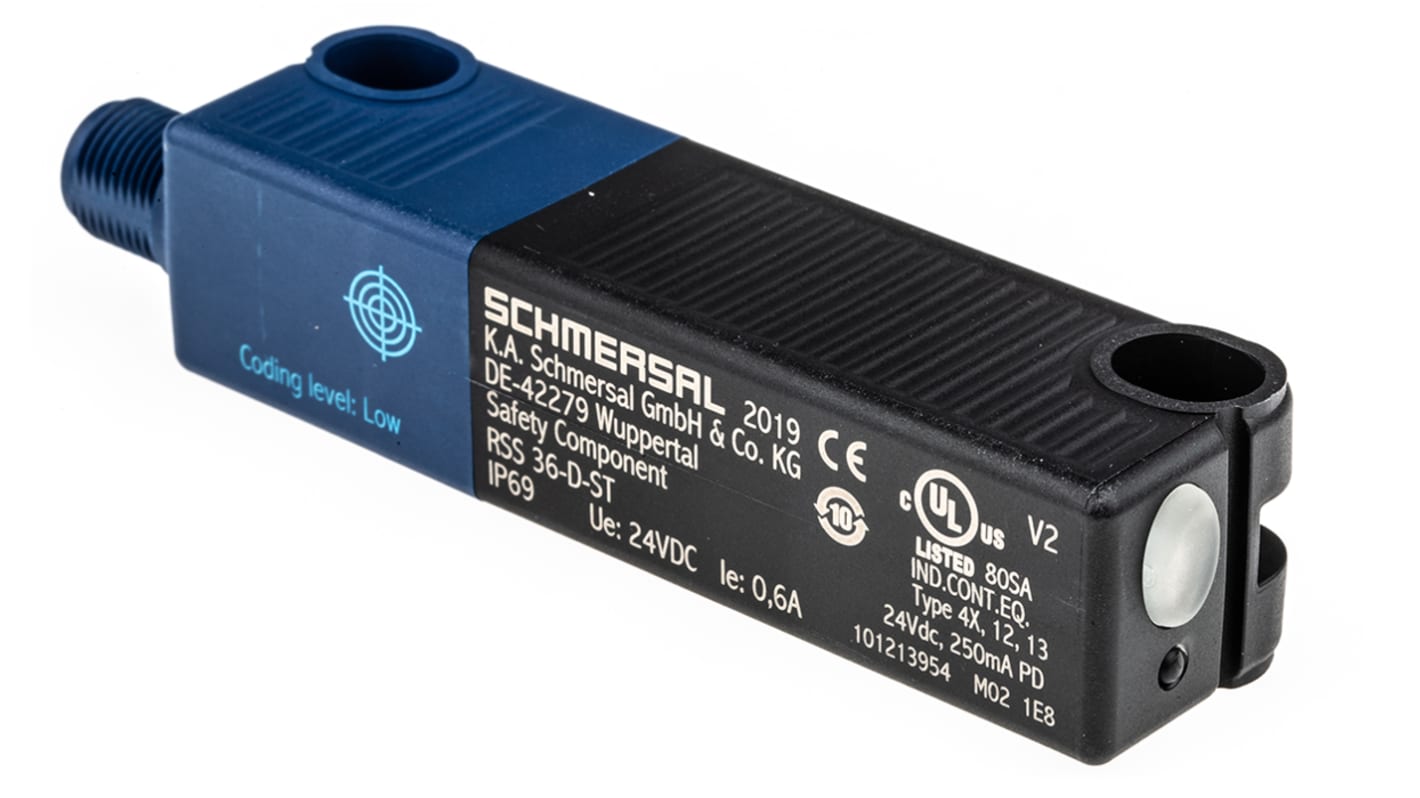 Interruttore di sicurezza RFID Schmersal RSS 36-D-ST, M12, IP67, 20.4-26.4V cc, dimensioni 106.3 x 22 x 25 mm.