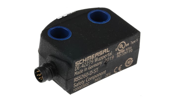 Interruttore di sicurezza RFID Schmersal RSS260-D-ST, grado di protezione IP67, dimensioni 39.2x29.5x18mm, distanza di commutazione 6-18mm.