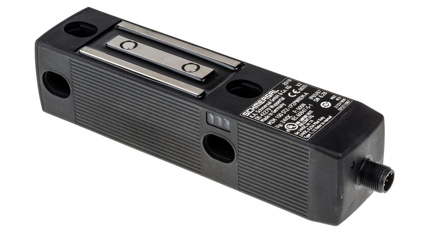 Interruttore di interblocco a solenoide Schmersal MZM 100 ST2-1P2PWREM-A, 24V cc, grado di protezione IP65/IP67, dimensioni 40x179x40 mm.