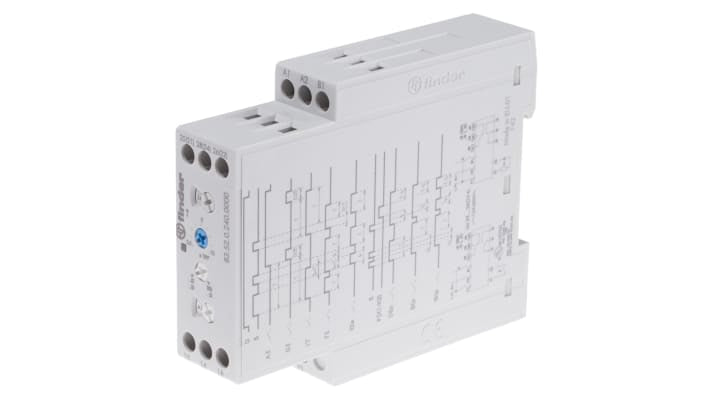 Finder Timer Relay DPDT per guida DIN, intervallo 0,05 s a 10 giorni, 24-240 V, dimensioni 22,5 x 100,3 x 86,2 mm.