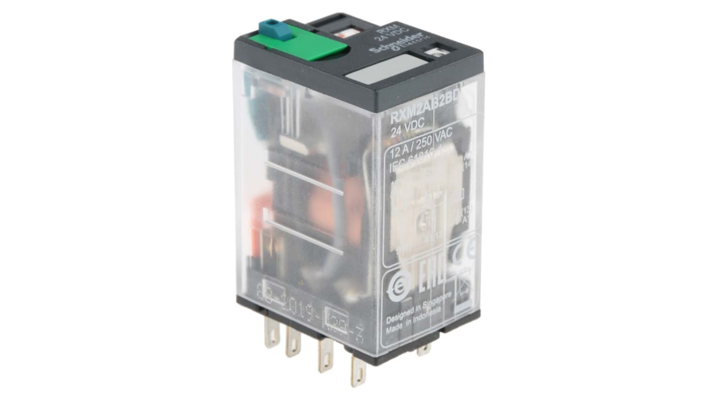 Relè miniaturizzato Schneider Electric RXM2AB2BD DPDT 24V cc con LED. Ideale per applicazioni industriali. Resistente e facile da installare.