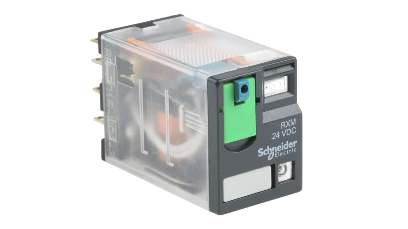 Relè Miniaturizzato Schneider Electric RXM4AB2BD 4PDT 24V cc LED per applicazioni industriali e HVAC. Facile installazione e monitoraggio.