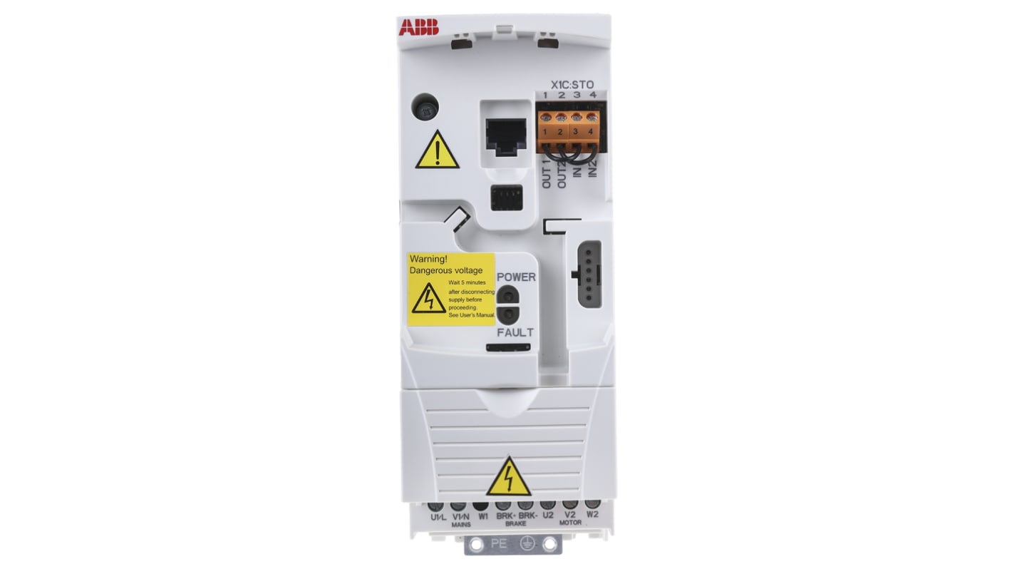 Inverter ABB ACS355-01E-02A4-2 per motori in c.a., potenza 0,37 kW, montaggio a pannello, dimensioni 70 x 239 x 187 mm.