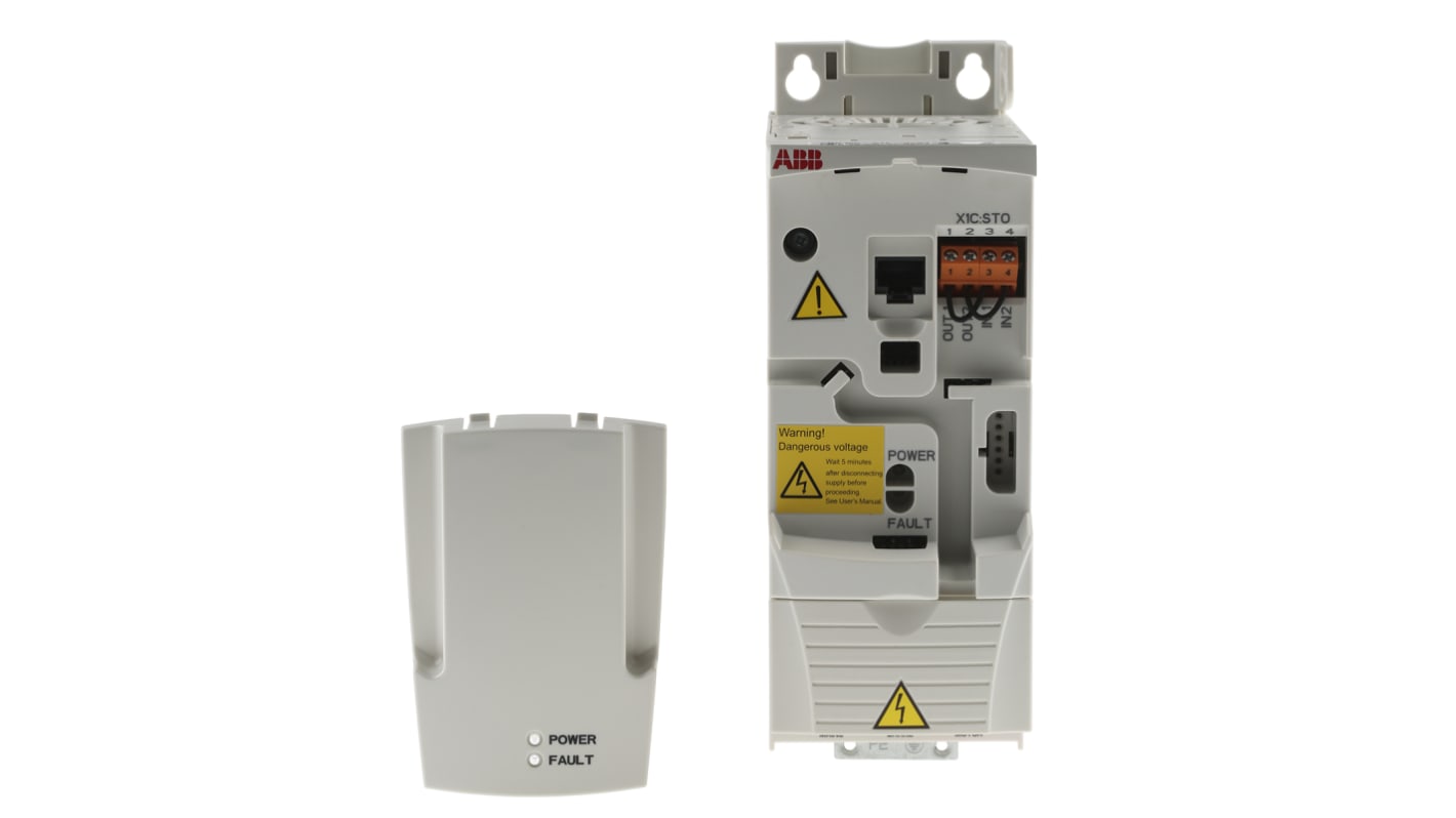 Inverter ABB ACS355-01E-04A7-2, potenza 0,75 kW, montaggio a pannello, dimensioni 239 x 70 x 187 mm, comunicazione Modbus.