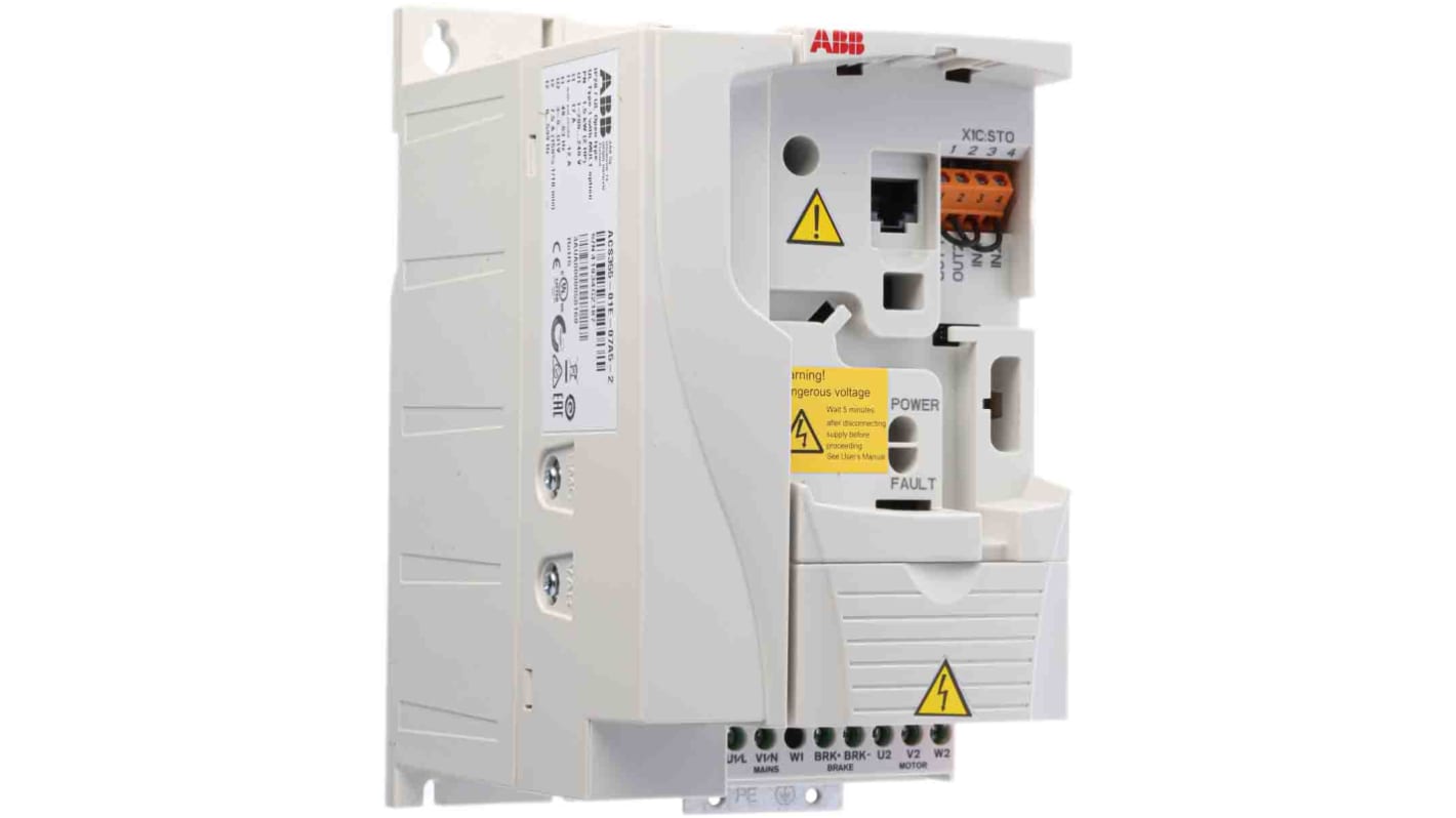 ABB ACS355-01E-07A5-2, inverter industriale 1,5 kW, montaggio a pannello, dimensioni 239x105x191 mm, grado di protezione IP20.