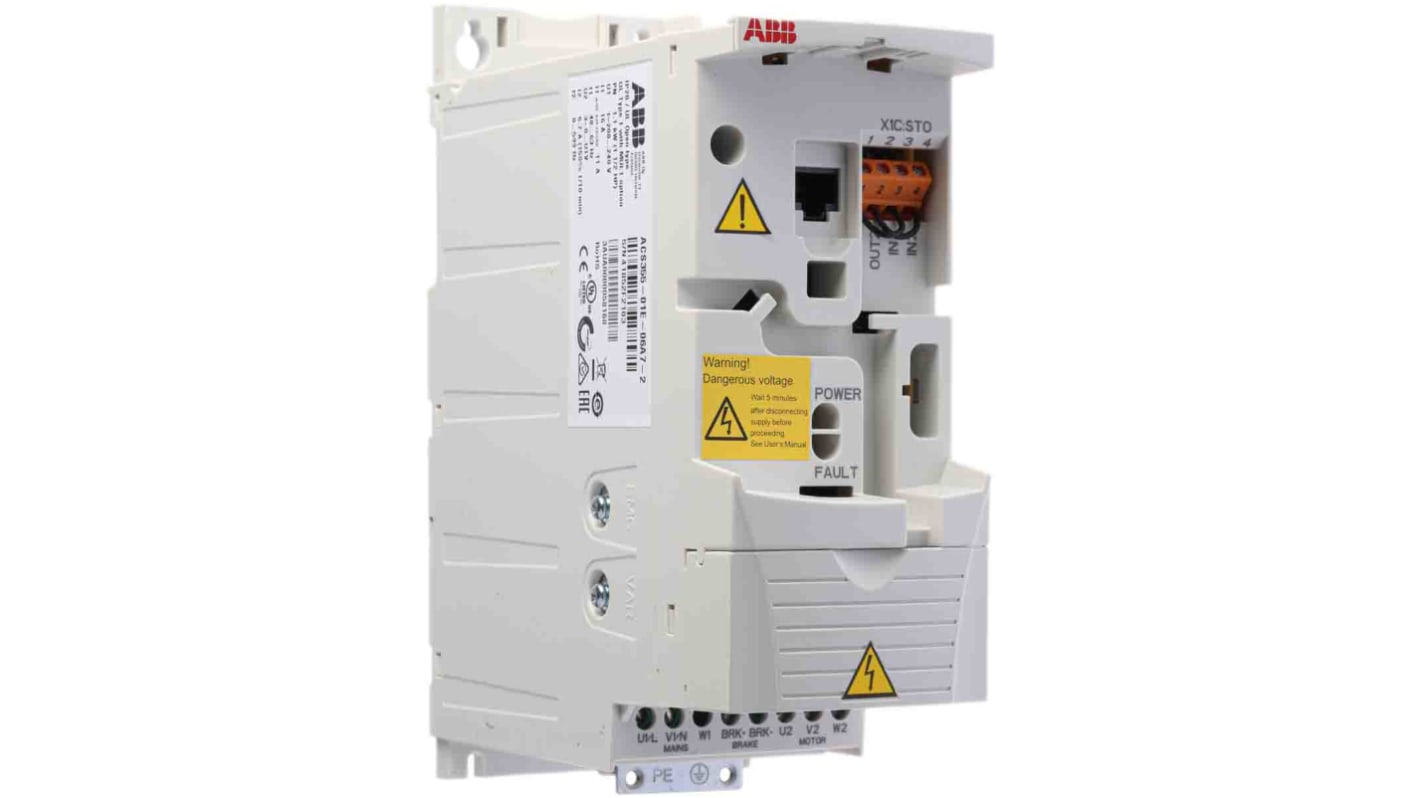 Inverter ABB ACS355-01E-06A7-2, monofase 1,1 kW, montaggio a pannello, dimensioni 70x239x187 mm, grado di protezione IP20.