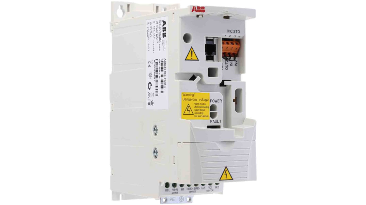 Inverter ABB ACS355-03E-01A2-4, 3 fasi, 0,37 kW, montaggio a pannello, dimensioni 70x239x187 mm, grado di protezione IP20.