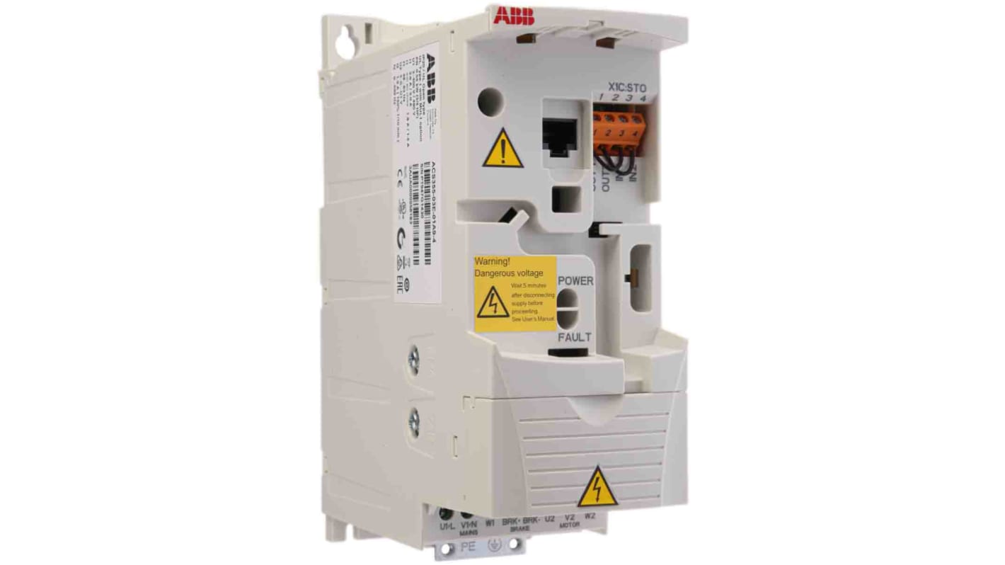 Inverter ABB ACS355-03E-01A9-4, potenza 0,55 kW, montaggio a pannello, dimensioni 70x187x239 mm, grado di protezione IP20.