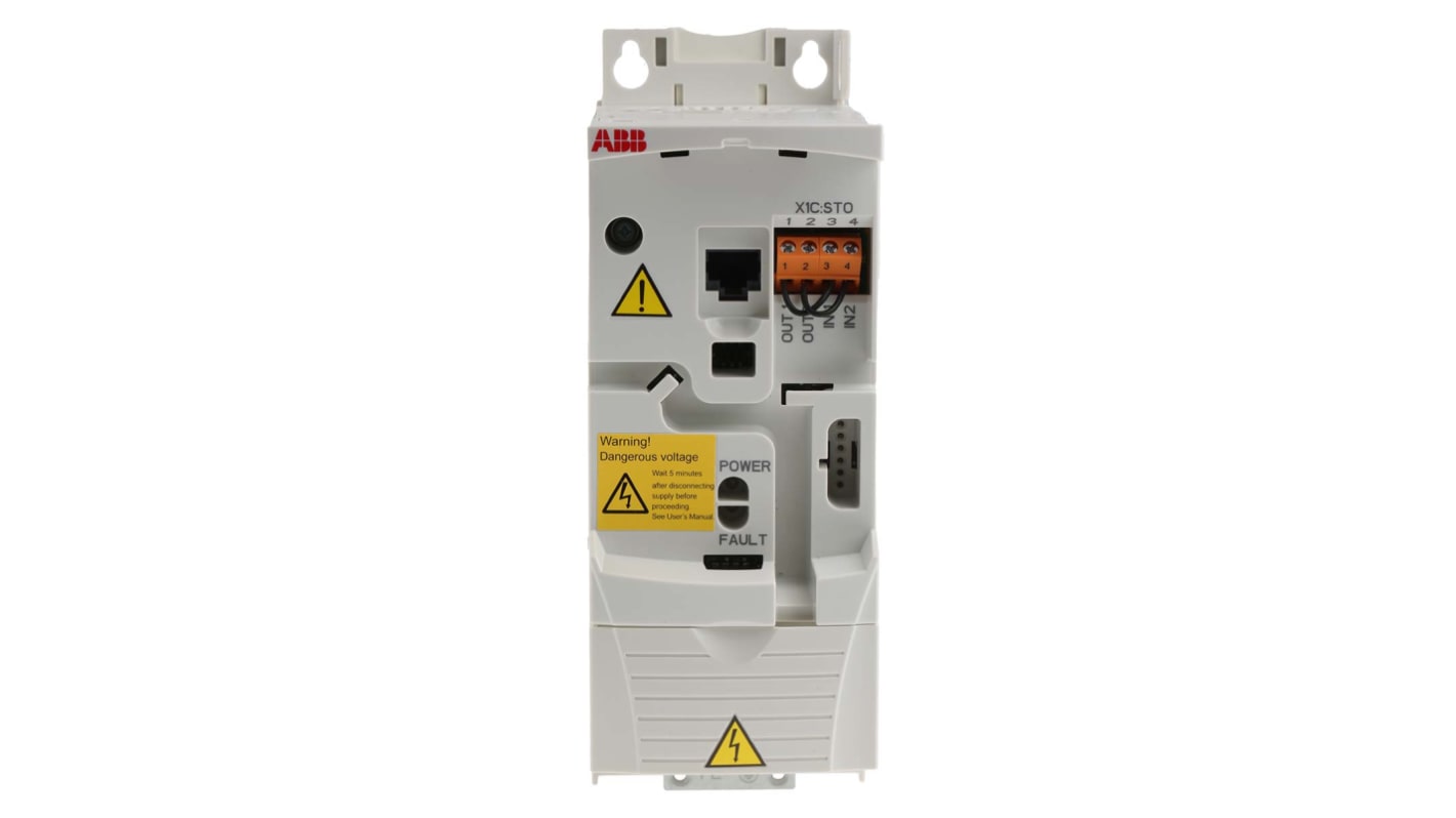 Inverter ABB ACS355-03E-03A3-4, potenza 1,1 kW, montaggio a pannello, dimensioni 239x70x187 mm, controllo vettoriale.