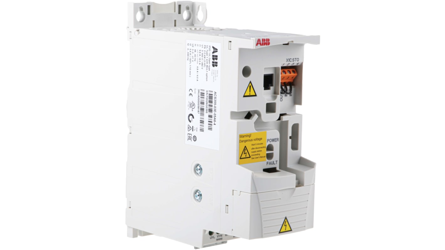 Inverter ABB ACS355-03E-05A6-4, 2,2 kW, 400 V, 3 fasi, montaggio a pannello, dimensioni 70x239x187 mm, IP20.