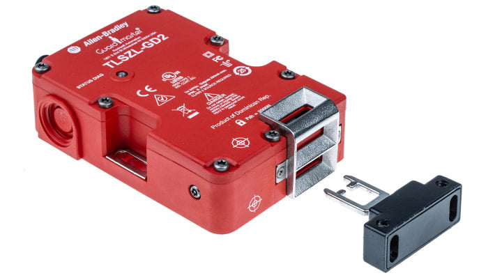 Interruttore di interblocco a solenoide Allen Bradley Guardmaster 440G-TZS21UPLH, 24V cc, IP66/IP69K, dimensioni 92x39x126 mm.
