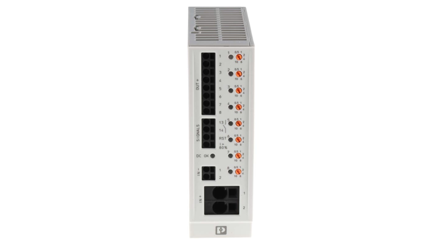 Interruttore automatico elettronico Phoenix Contact 2905744, 8 canali, 300A, 24V DIN - CBM E8 24 CC/0,5-10 A NA-R. Protezione circuiti con regolazione valore nominale, indicatori LED e resistenza a temperature estreme.