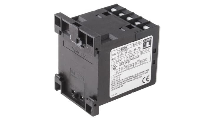 Contattore Lovato 11BG0910D024, 3 poli, 3NO + 1NO, 9 A, bobina 24 V c.c., montaggio su guida DIN 35 mm, dimensioni 44 mm x 58 mm x 57 mm.