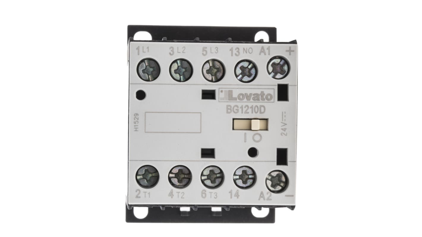 Contattore Lovato 11BG1210D024, 3 poli, 12 A, 24 V c.c., montaggio su guida DIN, dimensioni 44x58x57 mm, IP20.