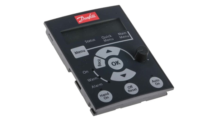 Pannello di controllo Danfoss 132B0101 per VLT Micro Drive, compatibile con motori fino a 22 kW, montaggio su guida DIN.